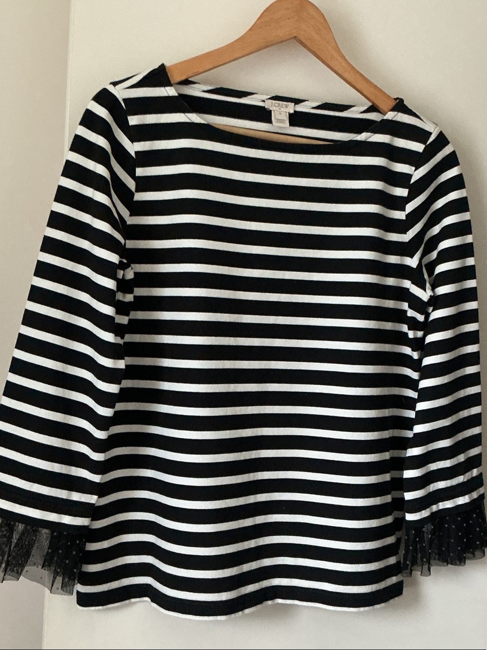 J. Crew Black & White Striped Boatneck Top with Lace-Cuff Sleeves